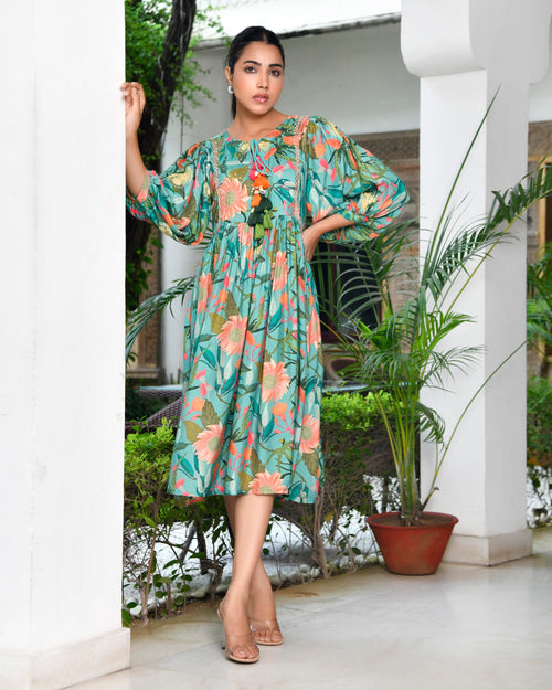 Vaasva Women Teal Musline Viscose Digital Printed Dress-160VAASTEAL