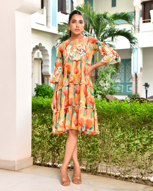 Vaasva Women Orange Cotton Embroidered& Digital Printed Dress-161VAASORANGE