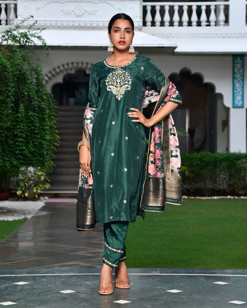 Vaasva Women Silk Emboidered Solid Pant Set & Digital Printed Dupatta-169VAASDARKGREEN