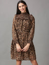 Women's Brown Printed Fit and Flare Dress-HQ-1-Brown
