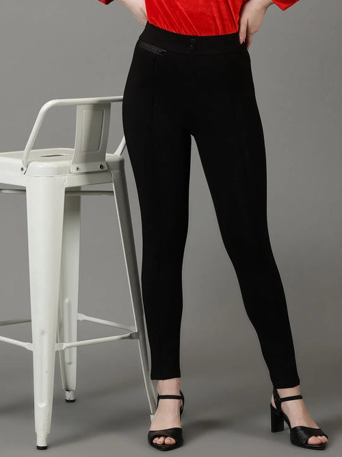 Women Black Solid Slim Fit Jeggings-AF-1898-Black