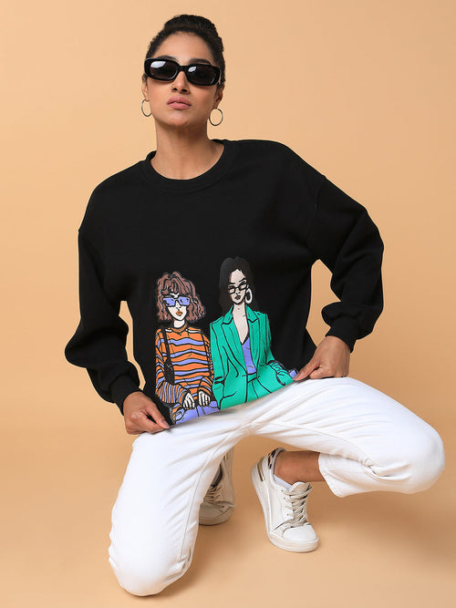 Women Graphic Black Oversized Pullover-6312-Black