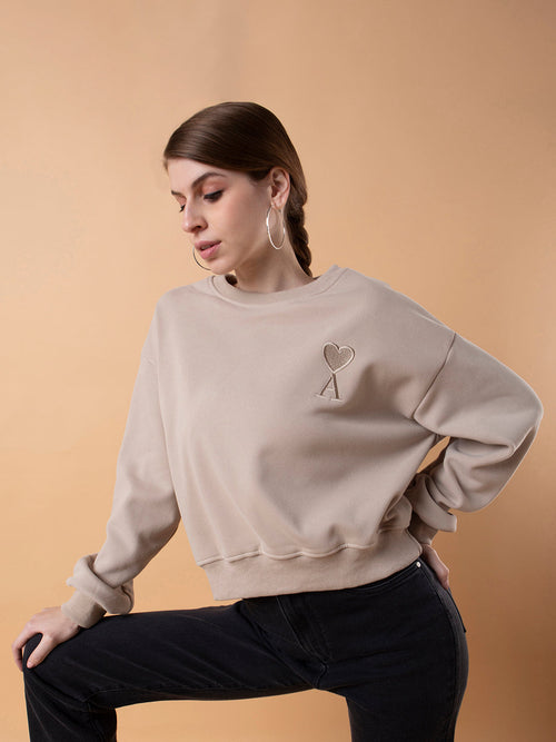 Women Solid Beige Drop Shoulder Pullover-651-Beige