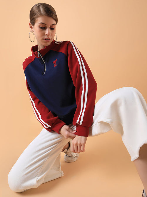Women Colourblocked Navy Blue Drop Shoulder Pullover-8615-Navyblue