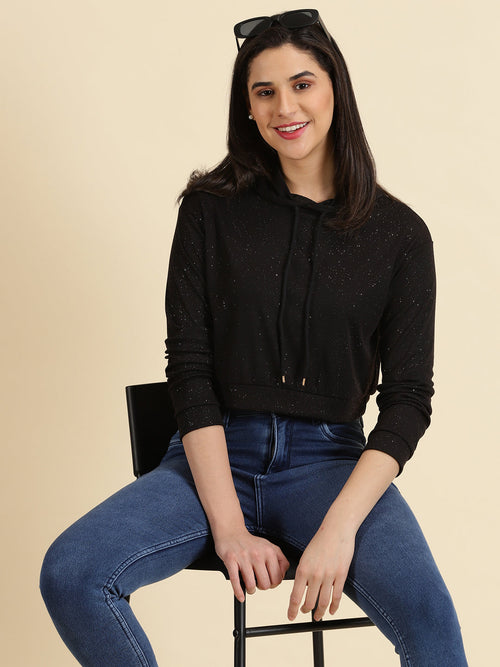 Women Hooded Black Crop Solid Pullover-AE-10639-Black
