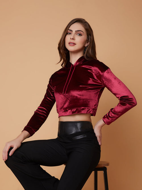 Women Solid Maroon Drop Shoulder Crop Pullover-AE-10662-Maroon