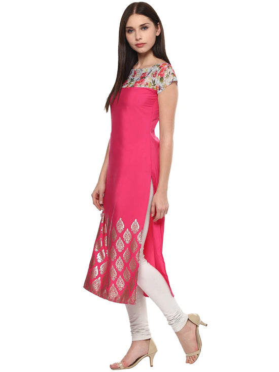 Ahalyaa Women'S Pink Chanderi Printed Kurta