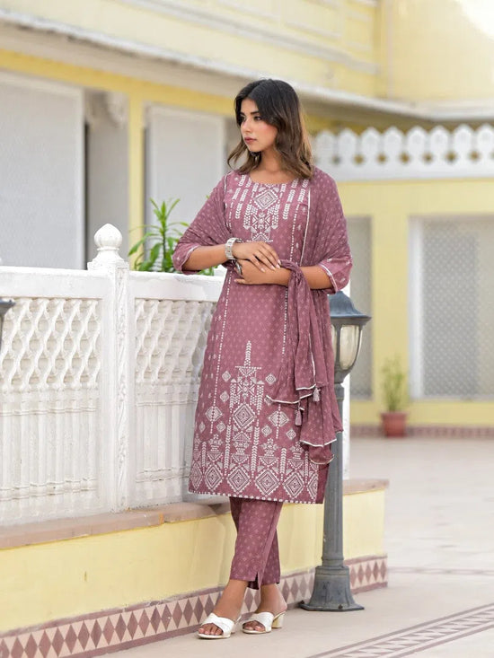 Juniper Onion Pink Ethnic Motif Printed Viscose Kurta, Pant And Dupatta Set With Gotta Patti Work-J4621ONIONPINK
