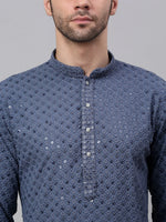 Men Grey Chikankari Embroidered and Sequence Kurta with Churidar-JOKP-678Grey