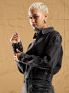 Women Black Washed Zipper Biker Crop Jacket-SFJCKT6932