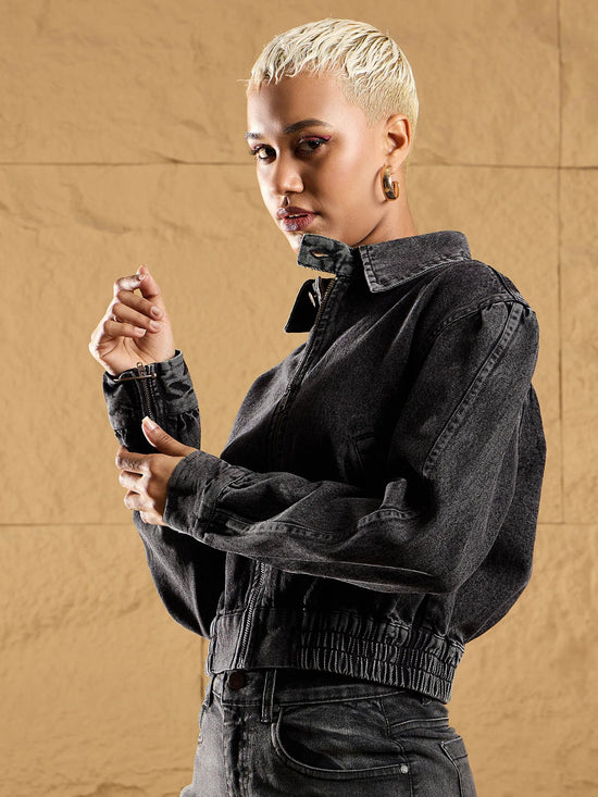 Women Black Washed Zipper Biker Crop Jacket-SFJCKT6932
