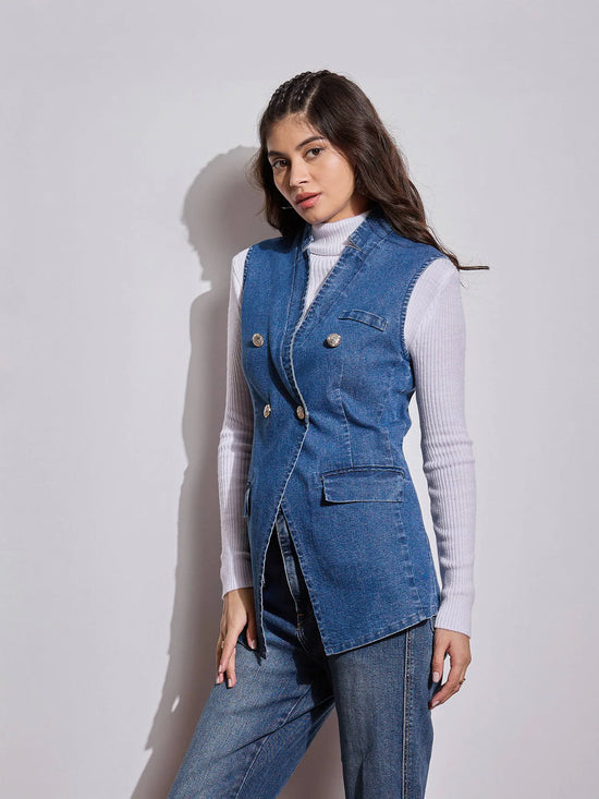 Women Blue Denim Flap Pocket Sleeveless Jacket-SFJCKT6967