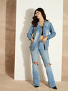Women Blue Acid Washed Denim High Neck Jacket-SFJCKT6979