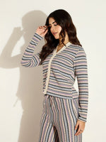 Women White Chevron Stripe Front Button Cardigan-SFSWSH7637