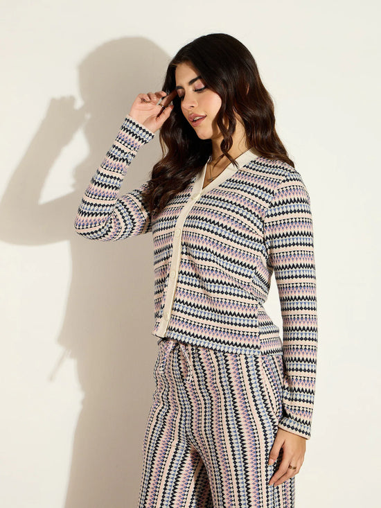 Women White Chevron Stripe Front Button Cardigan-SFSWSH7637