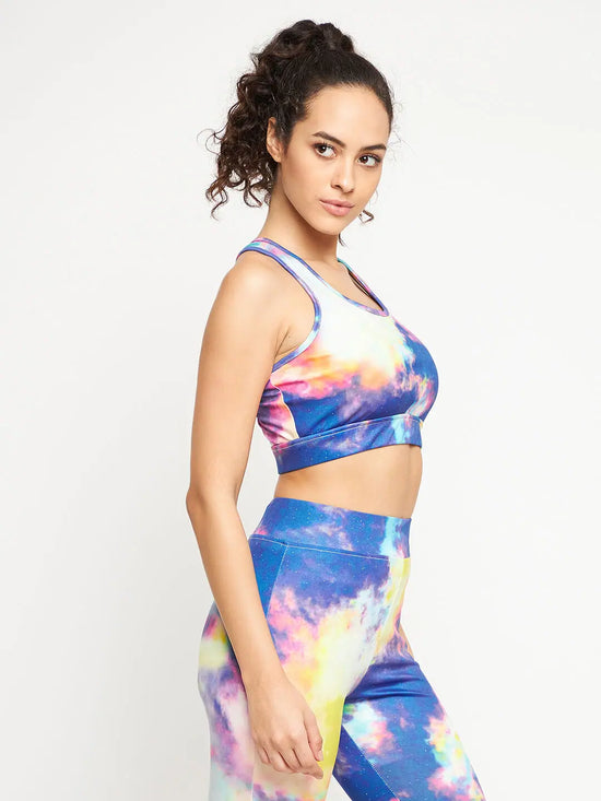 Clovia Medium Impact Padded Non-Wired Marble Print Sports Bra in Multicolour with Removable Cups