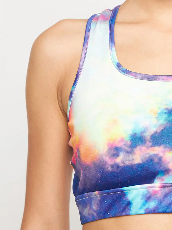 Clovia Medium Impact Padded Non-Wired Marble Print Sports Bra in Multicolour with Removable Cups