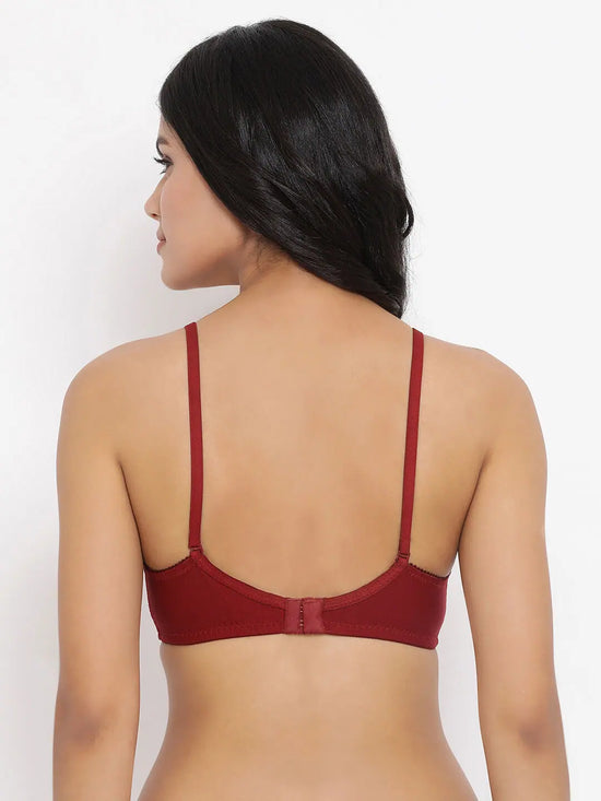Clovia Non-Padded Non-Wired Full Coverage Bra in Maroon- Lace & Cotton