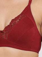 Clovia Non-Padded Non-Wired Full Coverage Bra in Maroon- Lace & Cotton