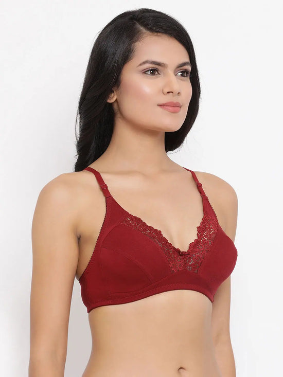 Clovia Non-Padded Non-Wired Full Coverage Bra in Maroon- Lace & Cotton