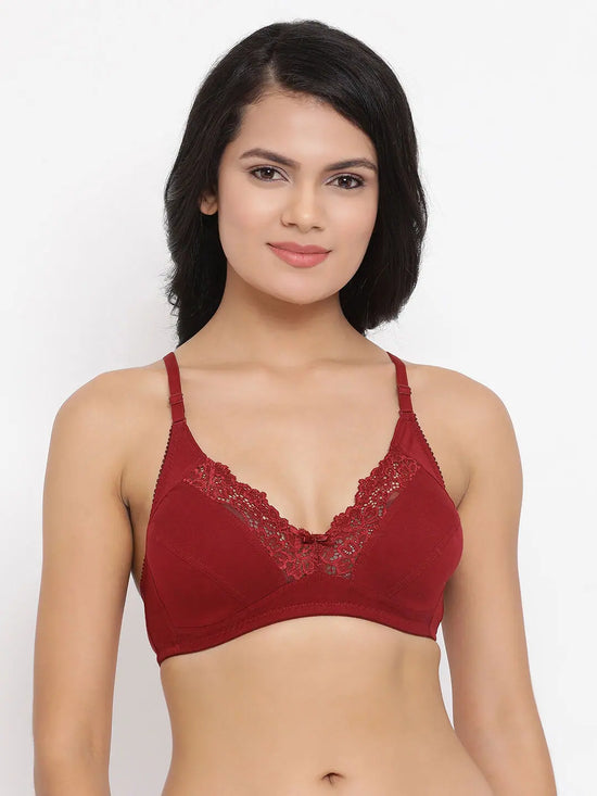 Clovia Non-Padded Non-Wired Full Coverage Bra in Maroon- Lace & Cotton