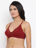 Clovia Non-Padded Non-Wired Full Coverage Bra in Maroon- Lace & Cotton