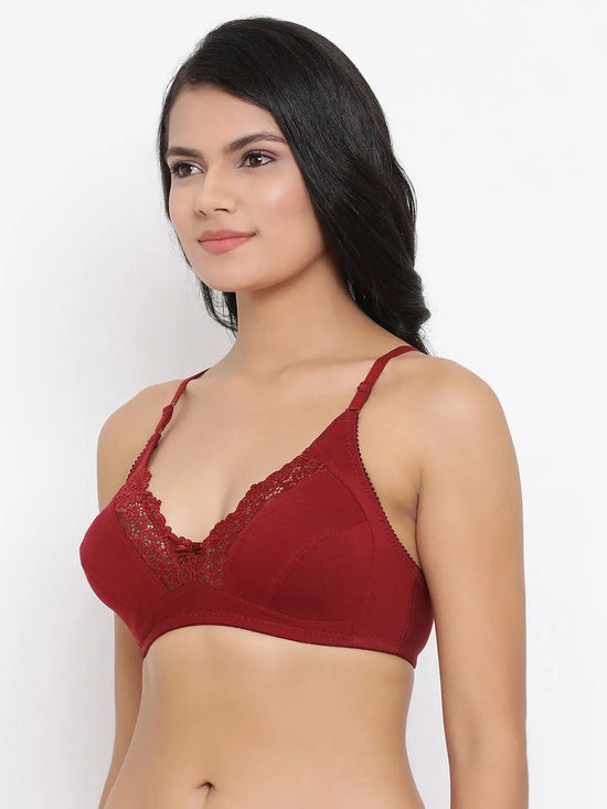 Clovia Non-Padded Non-Wired Full Coverage Bra in Maroon- Lace & Cotton