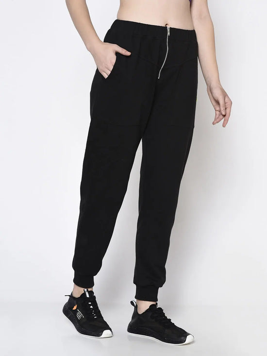 Rigo Women Black Zippered With Patch Pocket Terry Jogger