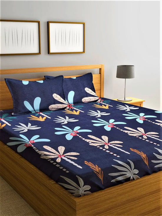 Home Sizzler Ready To Rest 144TC Microfibre Navy Blue Double Bedsheet With 2 King Size Pillow Covers