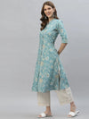 Women's Floral Print Rayon A-Line Kurta-FIONAAQUA-S