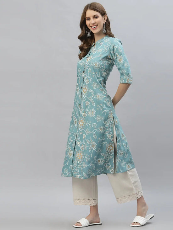 Women's Floral Print Rayon A-Line Kurta-FIONAAQUA-S