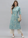 Women's Floral Print Rayon A-Line Kurta-FIONAAQUA-S