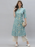 Women's Floral Print Rayon A-Line Kurta-FIONAAQUA-S