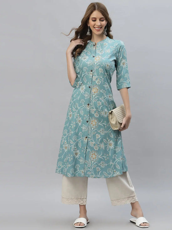 Women's Floral Print Rayon A-Line Kurta-FIONAAQUA-S