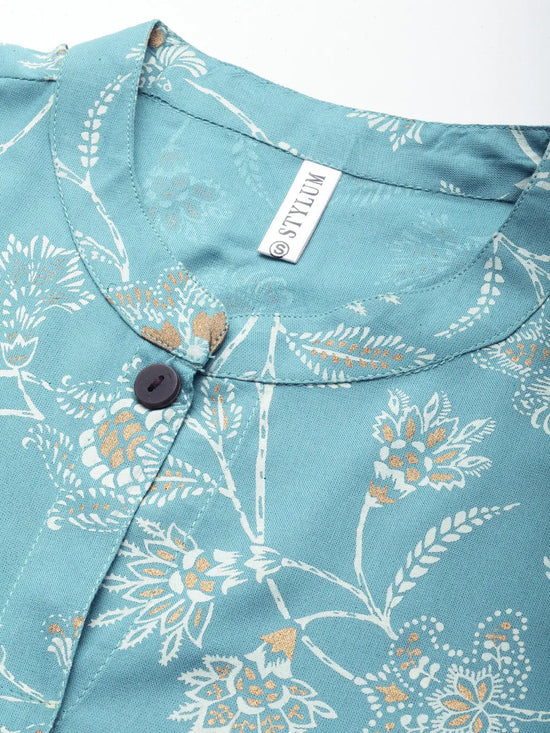 Women's Floral Print Rayon A-Line Kurta-FIONAAQUA-S