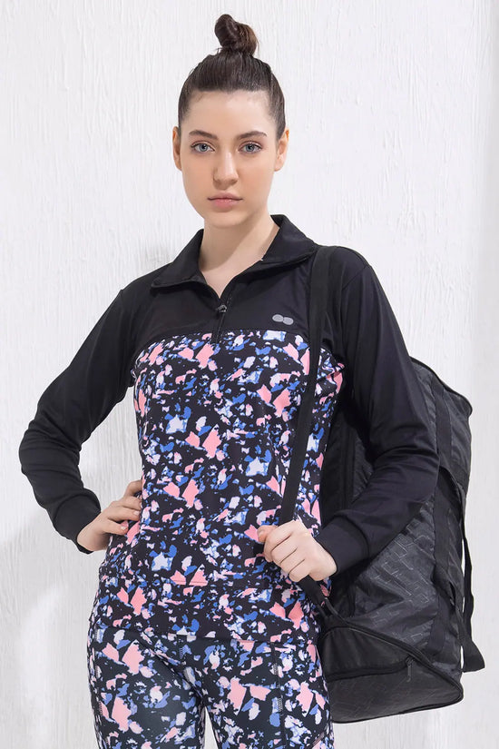 Comfort-Fit Active Zipper T-shirt in Black with Printed Panels