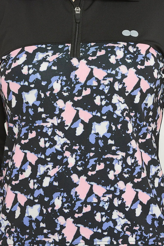 Comfort-Fit Active Zipper T-shirt in Black with Printed Panels