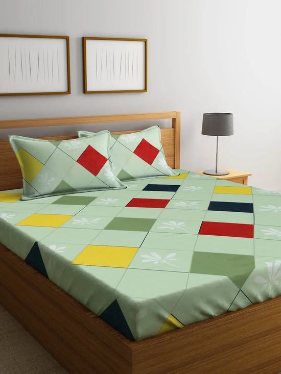 Home Sizzler 144TC Colorful Geometry Red & Green Double Bedsheet with 2 King Size Pillow Covers