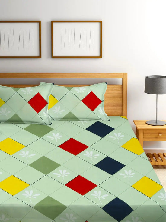 Home Sizzler 144TC Colorful Geometry Red & Green Double Bedsheet with 2 King Size Pillow Covers