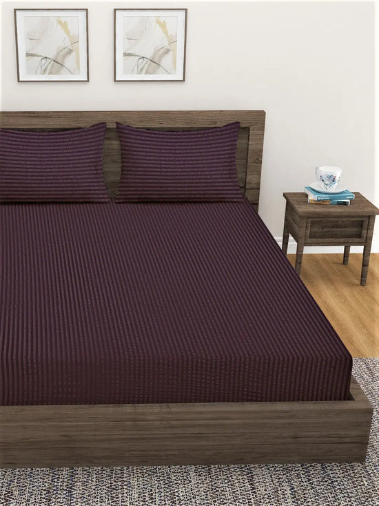 Home Sizzler 300TC Microfibre Brown Satin Striped Elastic Fitted Double Bedsheet with 2 King Size Pillow Covers, Fit for Mattress: 72"X75" & 72"X78"