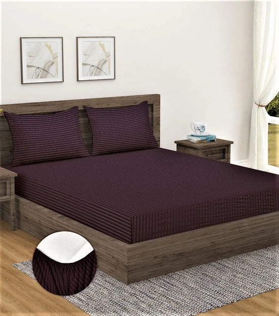Home Sizzler 300TC Microfibre Brown Satin Striped Elastic Fitted Double Bedsheet with 2 King Size Pillow Covers, Fit for Mattress: 72"X75" & 72"X78"