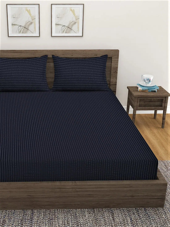 Home Sizzler 300TC Microfibre Black Satin Striped Elastic Fitted Double Bedsheet with 2 King Size Pillow Covers, Fit for Mattress: 72"X75" & 72"X78"