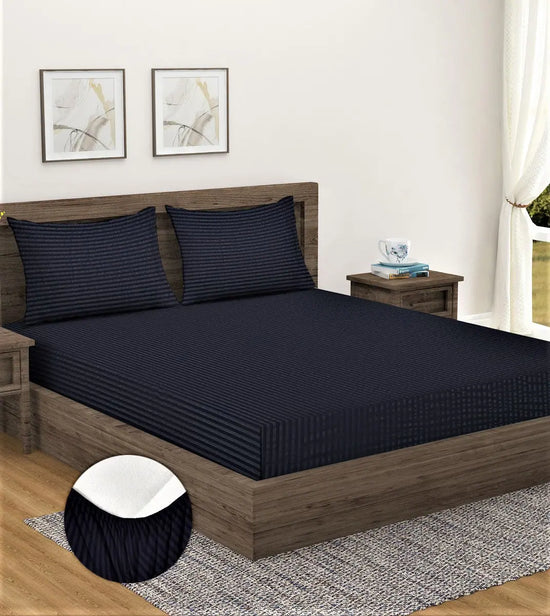 Home Sizzler 300TC Microfibre Black Satin Striped Elastic Fitted Double Bedsheet with 2 King Size Pillow Covers, Fit for Mattress: 72"X75" & 72"X78"