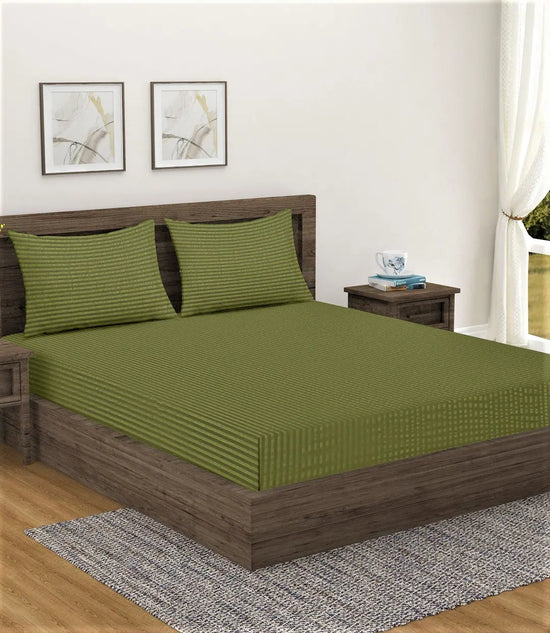 Home Sizzler 300TC Microfibre Green Satin Striped Double Bedsheet with 2 King Size Pillow Covers, 90"X92"